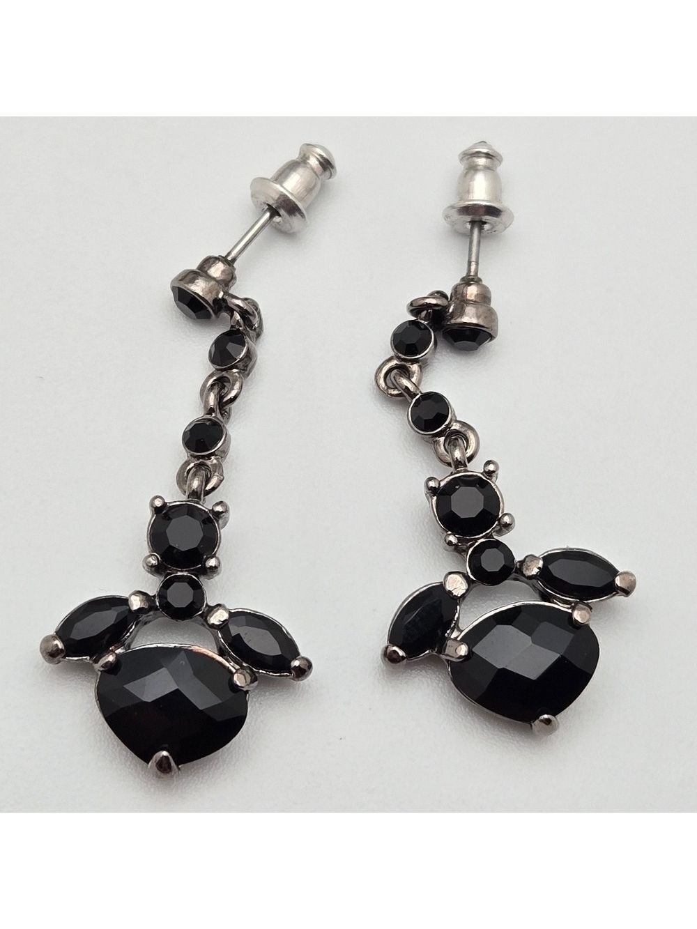 Vintage Monet Black Faceted Stone Dangle Earrings Silver Tone